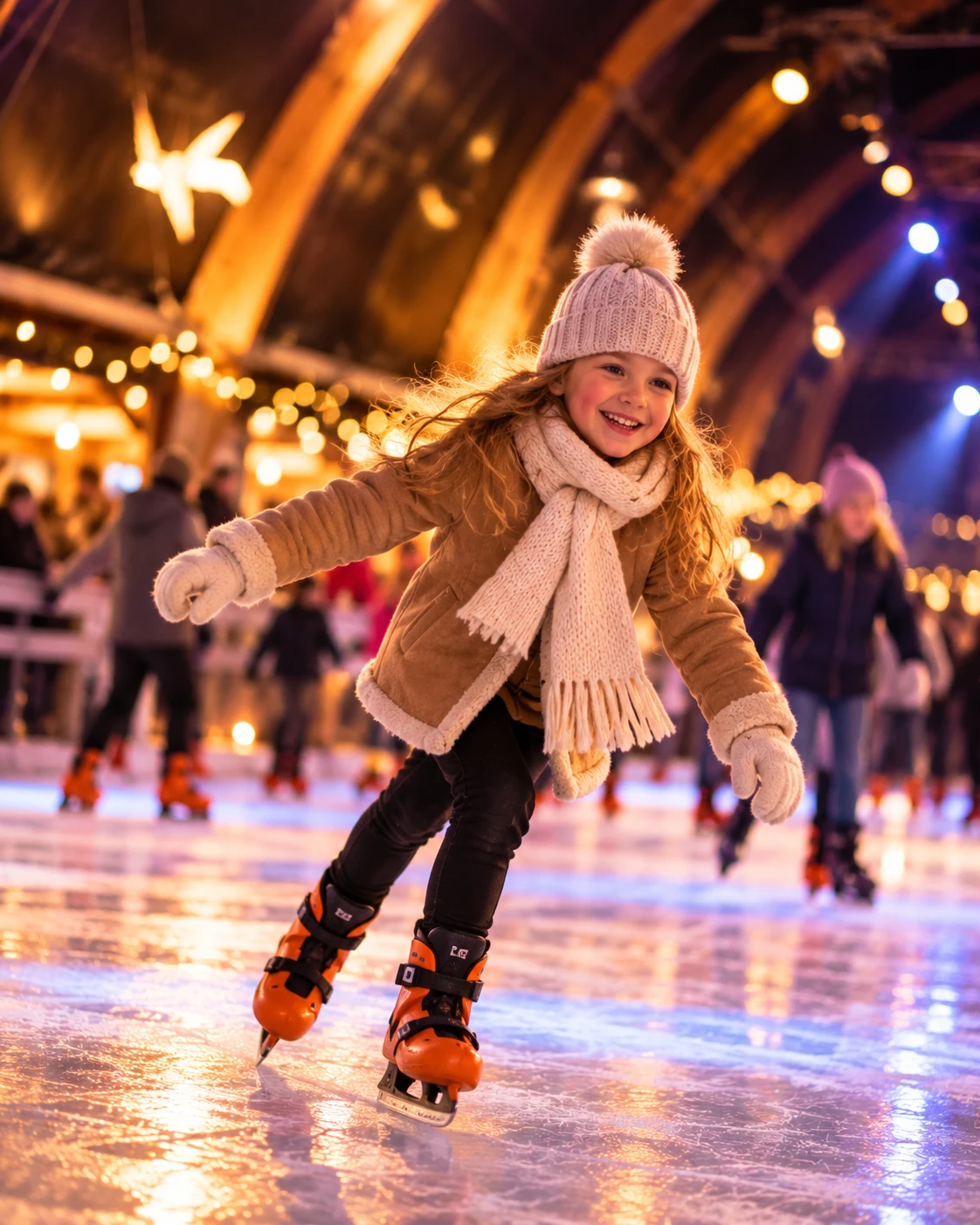 Meisje schaatst lachend op de ijsbaan